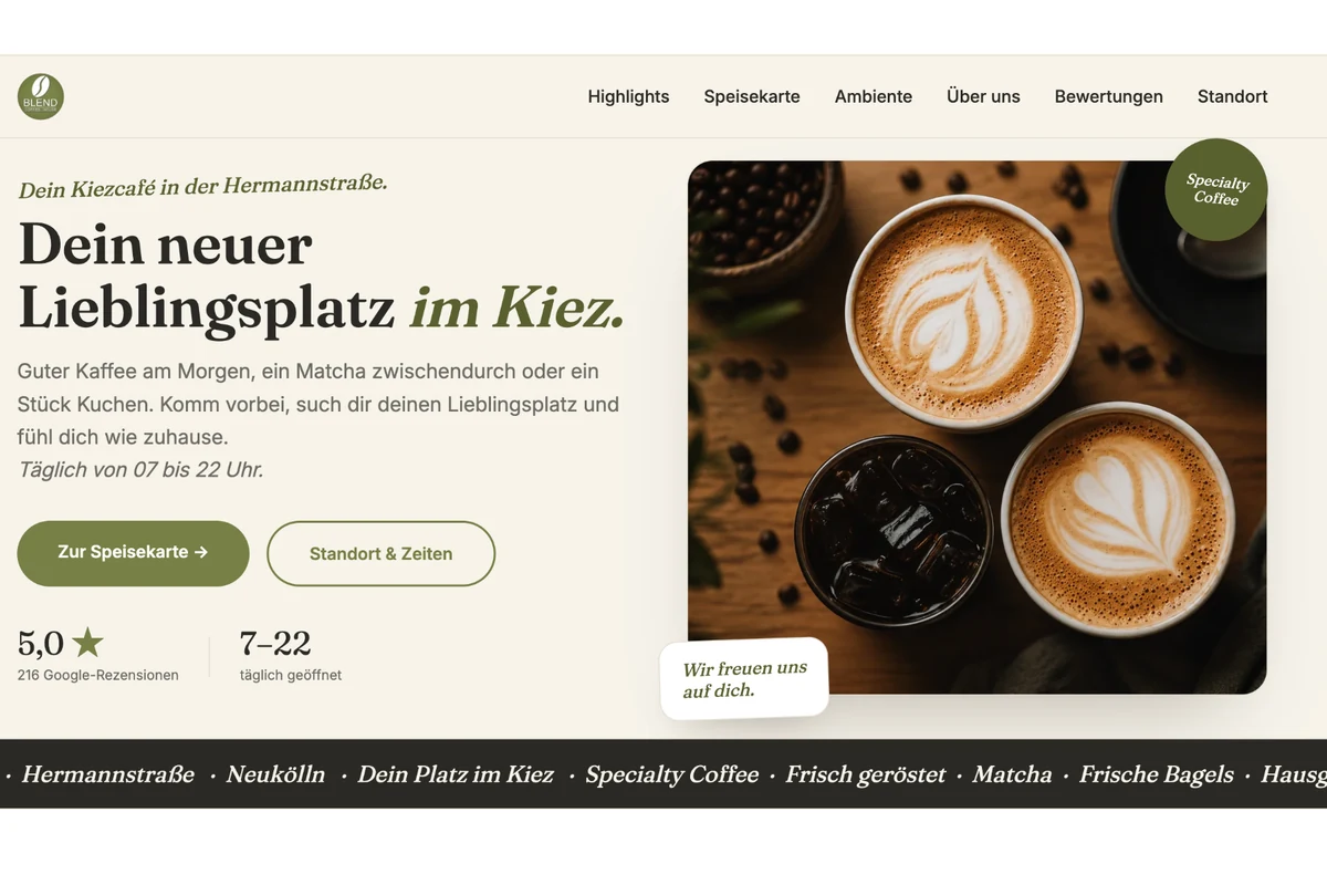 Website von Blend Coffee House